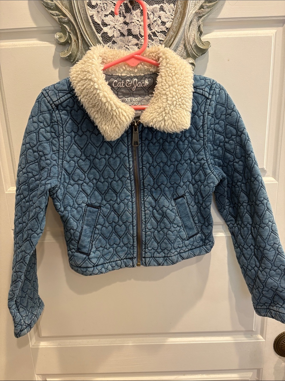 Cat & Jack Blue Quilted Jean Jacket with Cream Sherpa Collar